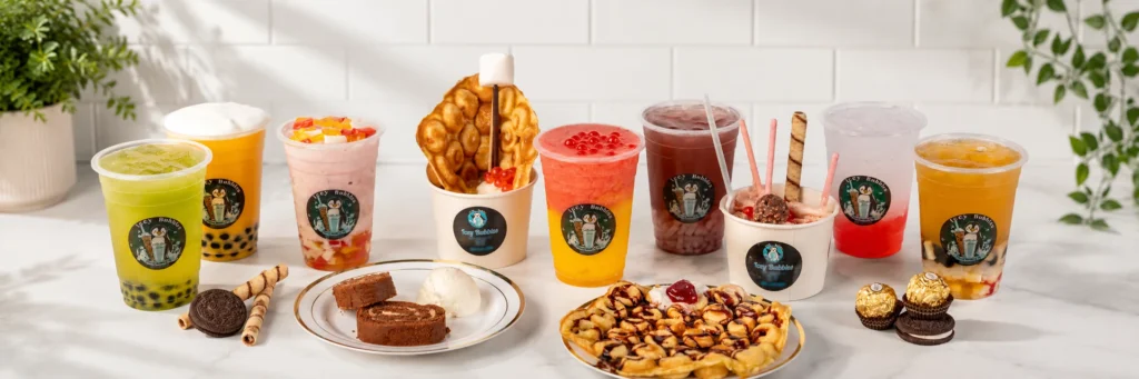 Icey Bubbles menu spread with bubble tea, rolled ice cream, egg waffles, and cheesecake