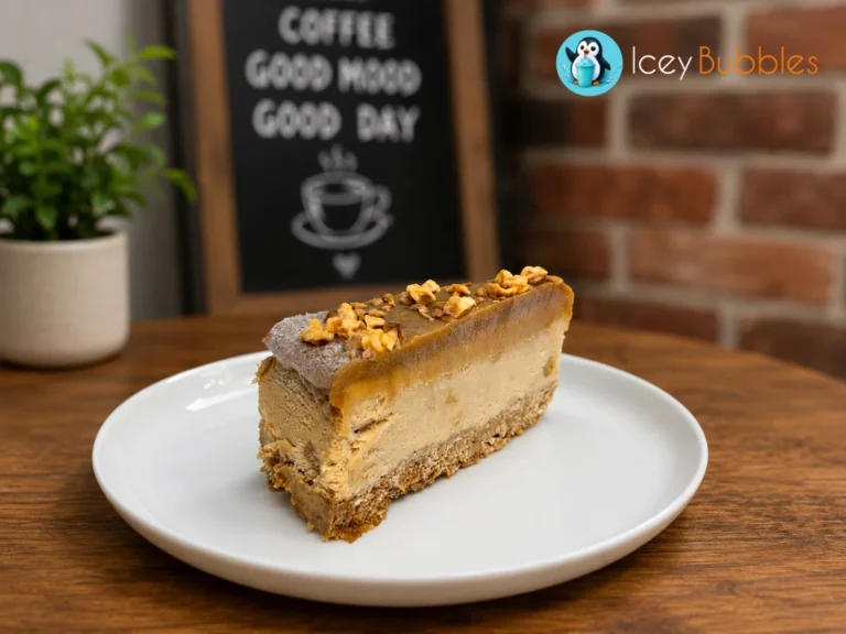 Caramel apple cheesecake slice with caramel topping and crumbled garnish at Icey Bubbles in Ajax, Ontario