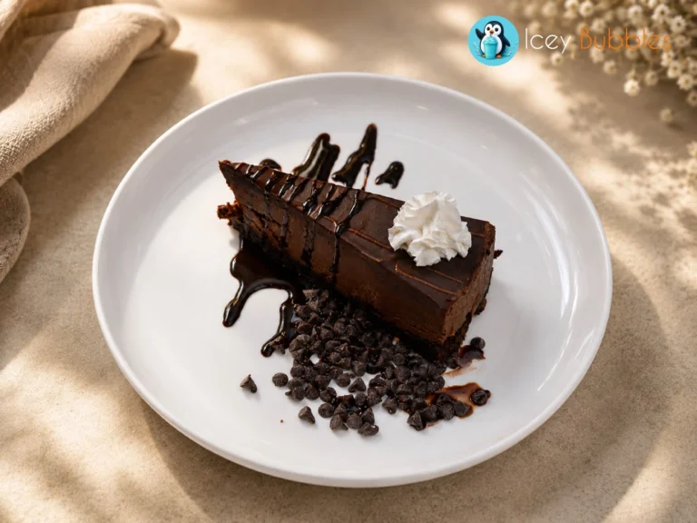 Chocolate Cadillac cheesecake slice with chocolate drizzle, chocolate chips, and whipped cream at Icey Bubbles in Ajax
