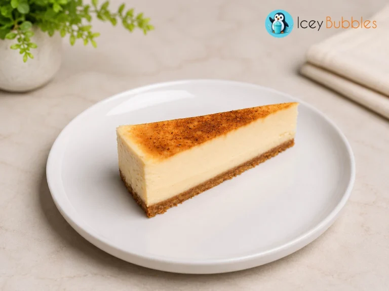 Creme brulee cheesecake slice with a caramelized sugar top at Icey Bubbles in Ajax, Ontario
