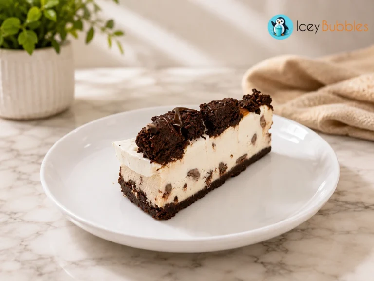 Gluten-free turtle cheesecake slice with brownie cubes, chocolate chips, and caramel drizzle at Icey Bubbles in Ajax