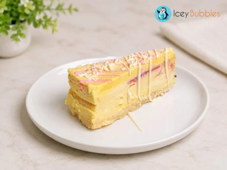 Mango berry cheesecake slice with raspberry swirl, white chocolate drizzle, and pink icing at Icey Bubbles in Ajax