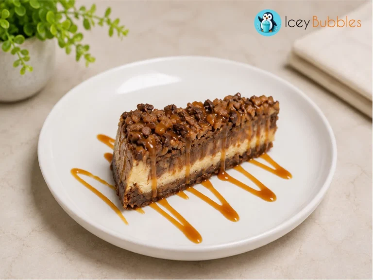 Skor cheesecake slice with caramel drizzle and chocolate toffee pieces at Icey Bubbles in Ajax, Ontario