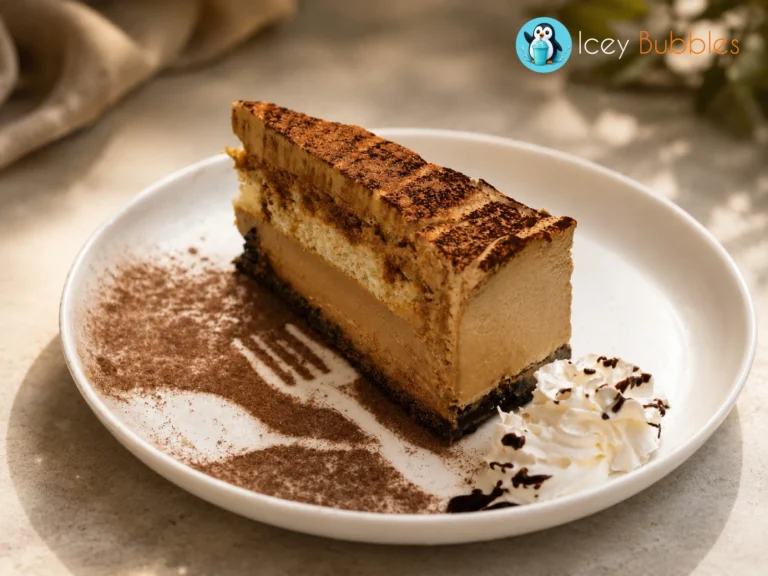 Layered tiramisu cheesecake slice dusted with cocoa powder, served with whipped cream at Icey Bubbles in Ajax
