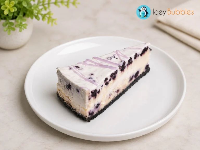 White chocolate blueberry cheesecake slice with blueberry swirl and purple drizzle at Icey Bubbles in Ajax
