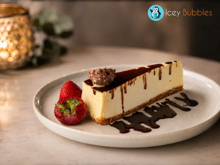 Cheesecake slice with chocolate glaze at Icey Bubbles dessert shop in Ajax, Ontario.