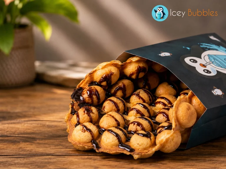 Bubble waffle with chocolate drizzle at Icey Bubbles dessert shop in Ajax, Ontario