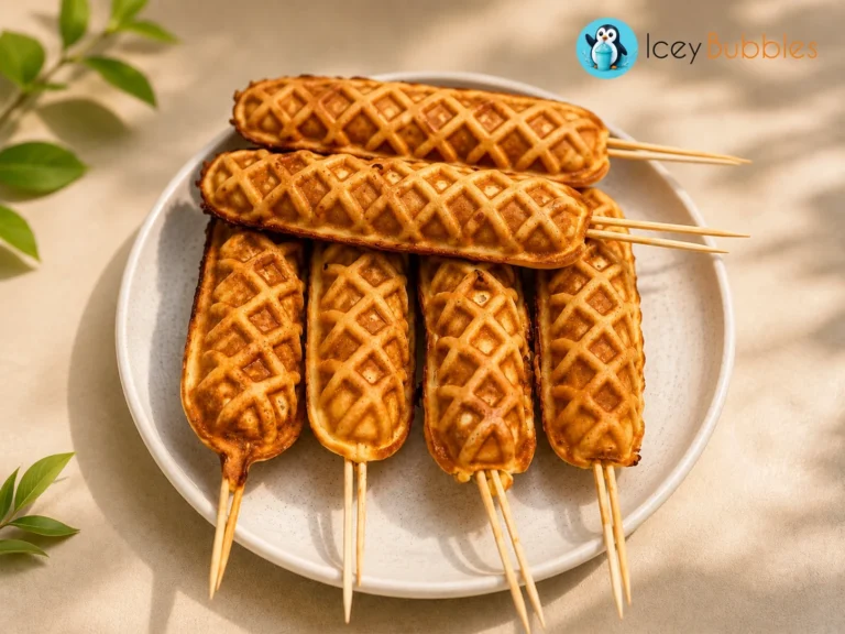Four golden waffle sticks on wooden skewers served on a plate at Icey Bubbles in Ajax