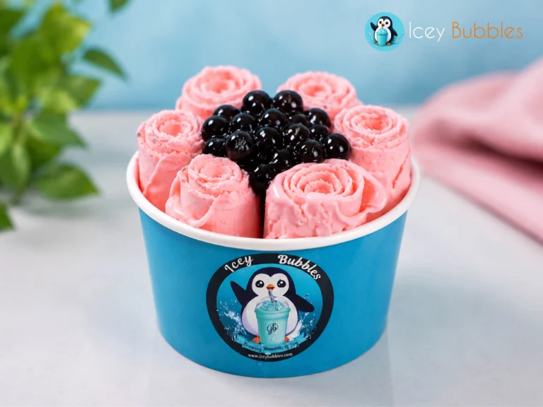 Strawberry rolled ice cream cups topped with tapioca pearls at Icey Bubbles dessert shop in Ajax, Ontario